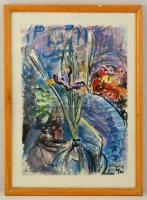 Gellérné B Éva (1956-): Virágcsendélet (liliomos kép). Vegyes technika, papír, jelzett, üvegezett keretben, 59×42 cm
