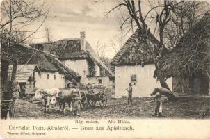 Pozsonyalmás, Apfelsbach, Jablonové; Régi malom munkásokkal, ökörszekér. Wiesner Alfréd kiadása / Alte Mühle / old mill with workers, oxen chariot