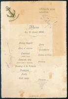 1900 Menükártya a Hegedűs Sándor gőzhajó egyik első útjáról, hátoldalán a vendégek aláírásaival.