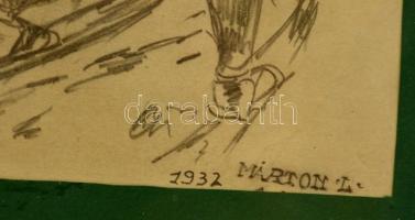 Márton Lajos (1891-1953): Síelők 1932, ceruza, papír, utólag jelzett, paszpartuban, üvegezett fa ker...