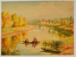 Járossy Gyula (1886-1958): Átkelők a folyón 1941. Akvarell, papír, jelzett, 38×49 cm
