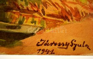 Járossy Gyula (1886-1958): Átkelők a folyón 1941. Akvarell, papír, jelzett, 38×49 cm