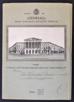 cca 1930 A Generali Triesti általános biztosító, Budapest V. kerületi székházát ábrázoló kötvénytartó mappája, benne sok biztosítási kötvénnyel, irattal.