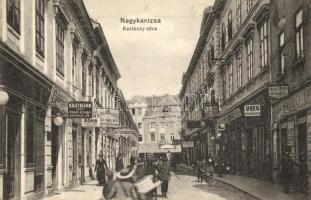 Nagykanizsa, Kazinczy utca, Kaufmann Mór férfi szabó, Salgó Imre divatáruháza, Fonyó Mihály cipőüzlete, címfestő, bútorraktár, Központi szálloda és kávéház, Vasúti tőzsde kiadása (EK)