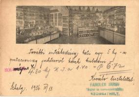 Szombathely, Fangler János fűszer- és csemegekereskedése, hátoldalon az üzlet belseje és Fangler Ján...