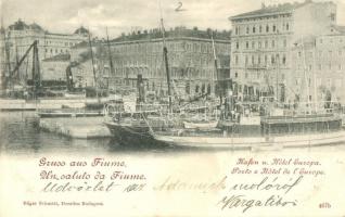 1899 Fiume, Hafen und Hotel Europa / port with steamships, hotel (small tear)