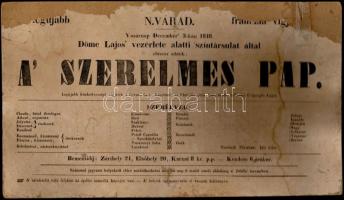 1848 Nagyvárad - A szerelmes pap c. színdarab színházi plakátja kartonra kasírozva, sérülten.36x21 cm