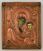 Szűz Mária a kis Jézussal, ikon, nyomtatott képpel, vörösréz keretben, 13x11 cm