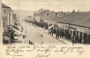 Turnu Severin, Szörényvár; street view with shops of Bömches, La Papagalu, Rubin Farchy, La Fortuna and Avram Gani, Caffea Commerciala (EK)