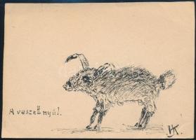 Harmos Károly (1879-1956): A veszett nyúl, papír, tus, jelzett, 11x15 cm