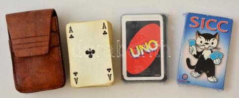4 pakli kártya: Uno (bontatlan), Sicc Fekete Péter (bontatlan), francia kártya bőr tokban
