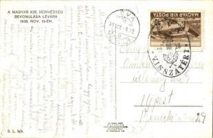 1938 Léva, Levice; bevonulás, díszkapu / entry of the Hungarian troops, decorated gate, 'Léva v...