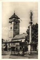 Rozsnyó, Roznava; Őrtorony a Szentháromság szoborral, Dittel üzlete / watch tower with the Trinity statue, shops