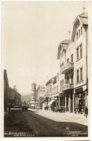 1929 Rózsahegy, Ruzomberok; Mostova ulica / Híd utca, üzletek / street view, shops, Lumen photo (EK)