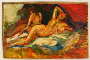 Perlmutter jelzéssel: Fekvő női akt. Olaj, falemez, sérült, 29×47 cm