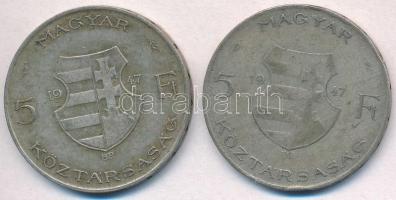 1947. 5Ft Ag "Kossuth" (2x) T:2-,3 patina 
Adamo F8.1