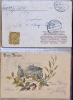 Képeslap hagyaték: régi üdvözlő, művész és magyar és külföldi városképes lapok 2 albumban + borítéko...