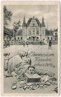 Kassa, Kosice; &quot;Szerencsésen Kassára érkeztem&quot;; vasútállomás. humoros leporellolap / railway station, humorous leporellocard (hiányos leporellolap / incomplete leporellocard)