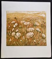 Somlai Vilma (1938-2007): Virágos domb, színezett linó, papír, jelzett, 29,5×34,5 cm