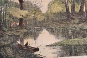 Marich Géza (1913-1985): Erdei tó. színezett rézkarc, jelzett, 29,5×37,5 cm