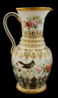 cca 1850 Fújt díszkancsó, kézzel festett, több rétegű, hámozott, apró karcolással és arany festék ko...