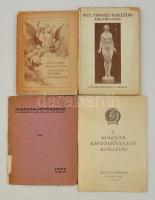 Vegyes művészeti katalógusok, 4 db:  Az 1913-14 évi Téli Kiállítás képes tárgymutatója. Budapest, 1914, Országos Magyar Képzőművészeti Társulat. Kiadói illusztrált papírkötés, hiányos gerinccel, szakadt borítóval, számos fekete-fehér fotóval, reklámokkal.  Török Jenő, Meitner László, Kéz Kornis József együttes kiállítása. Alkotás-művészház. Bp., 1924. Kunossy Grafikai Müintézet Rt.-ny. Kiadói papírkötés, a borítója szakadt, az elülső borító elvált a könyvtől.  Tavaszi kiállítás tárgymutatója. Bp., 1927, Országos Magyar Képzőművészeti Társulat., Athenaeum-ny. Kiadói papírkötés, megviselt állapotban, szakadozott borítóval, a könyv gerince részben elvált a borítótól.  I. Magyar Képzőművészeti kiállítás. Bp., 1950, Szikra-ny. Kiadói papírkötés.