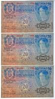 1913. 20K (3x) sorszámkövetők, mindhárom piros Deutschösterreich felülbélyegzéssel T:I- /  Hungary 1913. 20 Korona (3x) sequential serials, all three with Deutschösterreich overprint C:AU Adamo K18B