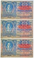 1913. 20K (3x) sorszámkövetők, mindhárom piros "Deutschösterreich" felülbélyegzéssel T:I- ...
