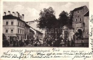 Besztercebánya, Banska Bystrica; Mátyás tér, Steiner B. és Reisz Miksa üzlete, piac. Ilona műintézet kiadása / square with market, shops