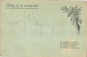 Trencsén, Trencín; Boldog az ki szeretni tud! Szecessziós művészlap, Körjegyzői Nyomda, Trencsén. Nemzetközi Világposta-Levelezőlap / Art Nouveau greeting postcard (fa)