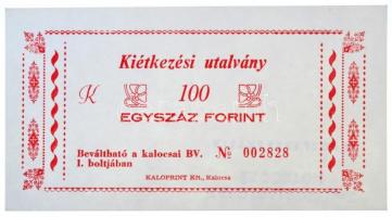 Kalocsa / Börtönpénz DN Kiétkezési utalvány 100Ft hátoldalán felülbélyegzés T:I / Hungary / Kalocsa / Prison Note ND Food Voucher 100 Forint, overprint on backside C:UNC