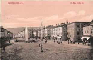 Besztercebánya, Banska Bystrica; IV. Béla király tér, szökőkút, Keme Ignác és Tulinszky üzlete. Machold F. kiadása / square, fountain, shops