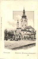 Besztercebánya, Banska Bystrica; várrészlet templommal, piac, Strelinger Samu üzlete. Sonnenfeld Mór kiadása / castle church, market, shop