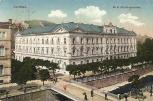Karlovy Vary, Karlsbad; K. K. Militärbadehaus / K.u.K. military spa, bridge, Brück & Sohn No. 14485. (EK)