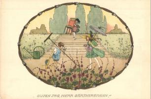 Guten Tag, Herr Gärtnersmann! Nach dem Original von Mela Koehler / Children art postcard, M. Munk Wien Nr. 1144. unsigned Mela Koehler
