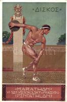 1912 VI. Slet Vsesokolsky v Praze, Marathon (Pentathlon) / 6th Sokol Meeting in Praha, Discus throw. Minerva golden art postcard s: K. V. Mutticha