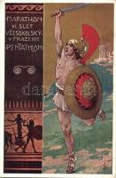 1912 VI. Slet Vsesokolsky v Praze, Marathon (Pentathlon) / 6th Sokol Meeting in Praha. Minerva golden art postcard s: K. V. Mutticha