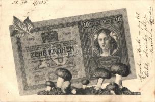 Osztrák-Magyar Tíz Koronás bankjegy gombákkal / Zehn Kronen / Austro-Hungarian Ten Crowns banknote, mushrooms