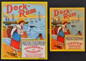 cca 1940 Dock-Rum italcímke, 2 db, Unicum Likőrgyár, Hazai Likőr, Rum, és Szeszárugyár Rt., 7x5,5 cm és 9,5x7,5 cm