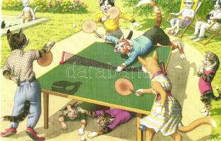 Cats playing table tennis, humour, Alfred Mainzer - modern postcard