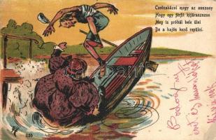 Csolnakázni megy az asszony... / Humorous Hungarian motive card, fat lady, rowing boat (EB)