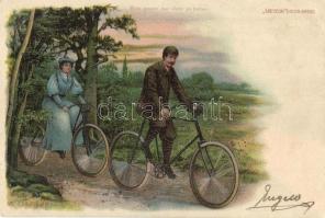 Couple on bicycle. Meteor DRGM 88690. No. 426. Hold to light litho art postcard