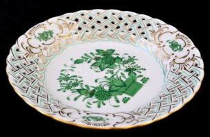 Herendi indiai kosár mintás áttört szélű kis tálka, kézzel festett, jelzett, hibátlan, d:16 cm