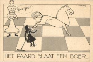 7 db régi holland humoros sakk karikatúra képeslap, J. Rotgans aláírásával / 7 pre-1945 Dutch humorous chess caricature art postcards with the signature of J. Rotgans