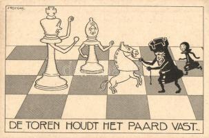 7 db régi holland humoros sakk karikatúra képeslap, J. Rotgans aláírásával / 7 pre-1945 Dutch humoro...