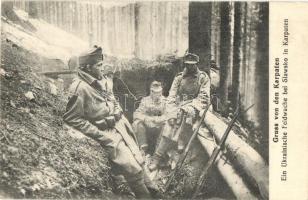 Gruss von den Karpaten, ein Ukrainische Feldwache bei Slawsko in Karpaten / Ukrán előőrs a Kárpátoknál a lengyel Slawsko közelében. Bertsik Emilné kiadása / WWI K.u.K. military, Ukrainian field guards near Polish Slawsko