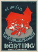 1932 Bp., Az ideális központi melegvíz-fűtés Körting Rt., kisplakát, Kun S. grafikus munkája, 23x17 cm