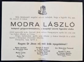 1934 Modra László budapesti gyógyszertártulajdonos, dunapataji Levente Egyesület elnökének gyászjelentése, 23x29 cm