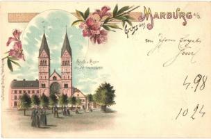 Maribor, Marburg; Kirche und Kloster der P.P. Franziskaner / church and cloister. Krapek floral, Art Nouveau litho