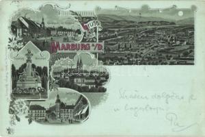 1898 Maribor, Marburg; Hauptplatz, Rathaus, Tegethoff Monument, Franziskaner Kirche, Burgplatz / main square, town hall, monument, church. Selbstverlag von Andr. Platzer, floral, Art Nouveau, litho